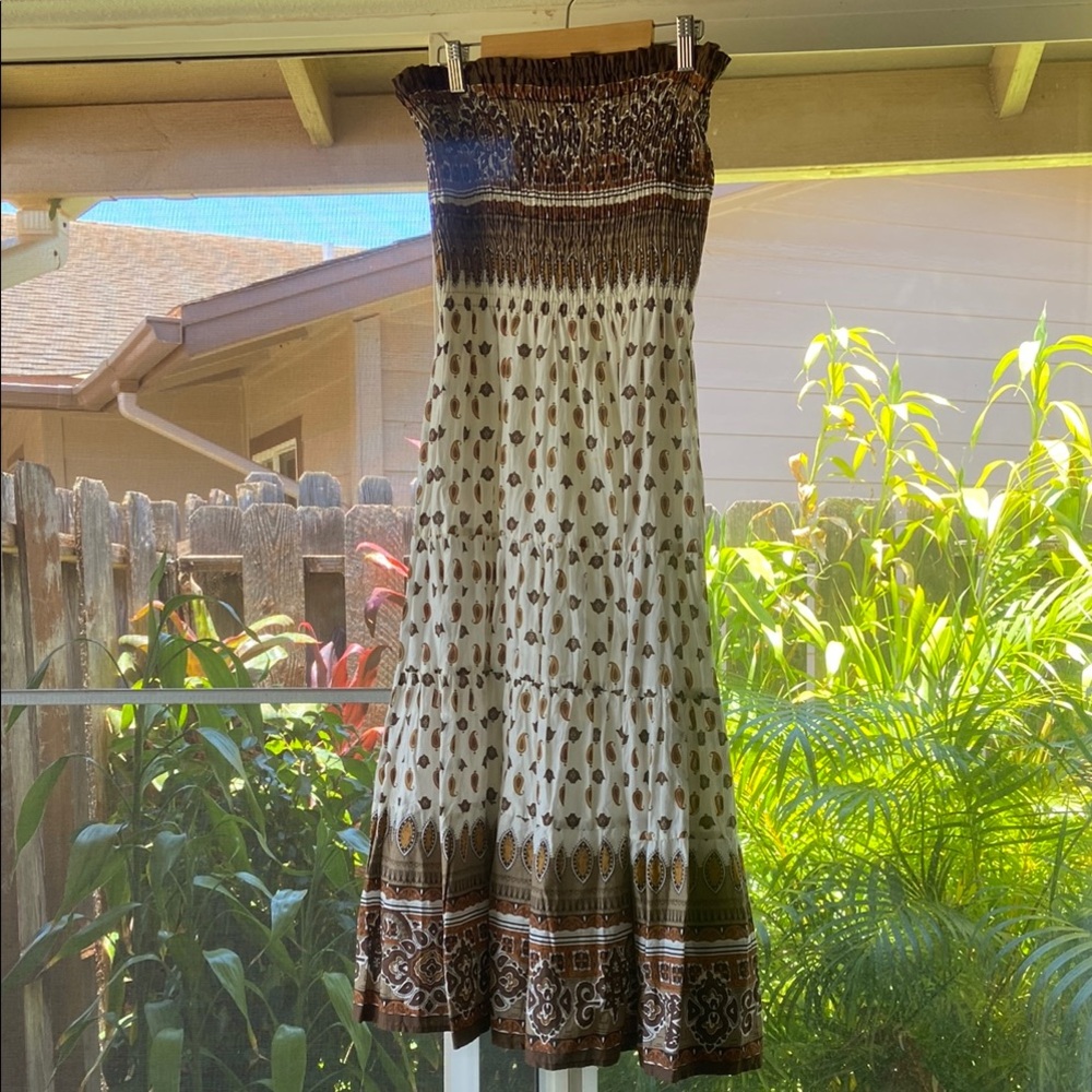 Speed Control Brown and Cream Smocked A-Line Maxi Skirt